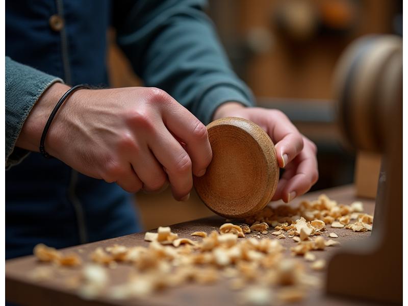 Houtdraaier die een gedetailleerd houten object creëert op een draaibank, met houtkrullen.