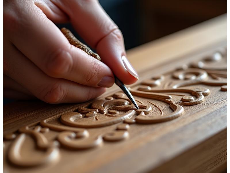 Een hand van een vakman die gedetailleerd houtsnijwerk uitvoert op een houten paneel met fijne gereedschappen.