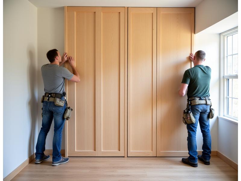 Vakmensen die nauwkeurig een groot, op maat gemaakt houten paneel of meubelstuk installeren in een afgewerkte ruimte.