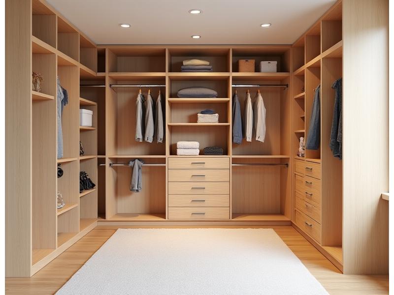 Op maat gemaakte, ingebouwde houten kast met veel opbergruimte in een slaapkamer of kantoor.