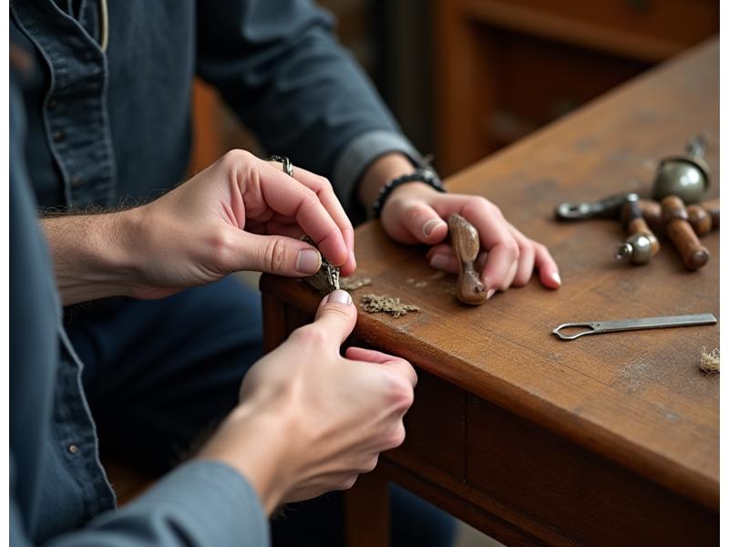 Vakman die zorgvuldig werkt aan de restauratie van een antiek houten meubelstuk, met gereedschappen en een zachte doek.
